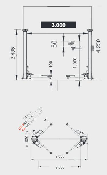 c4xlsyncrodims Baseless Two Post Lifts: Cascos C4 Syncro Two Post Lift