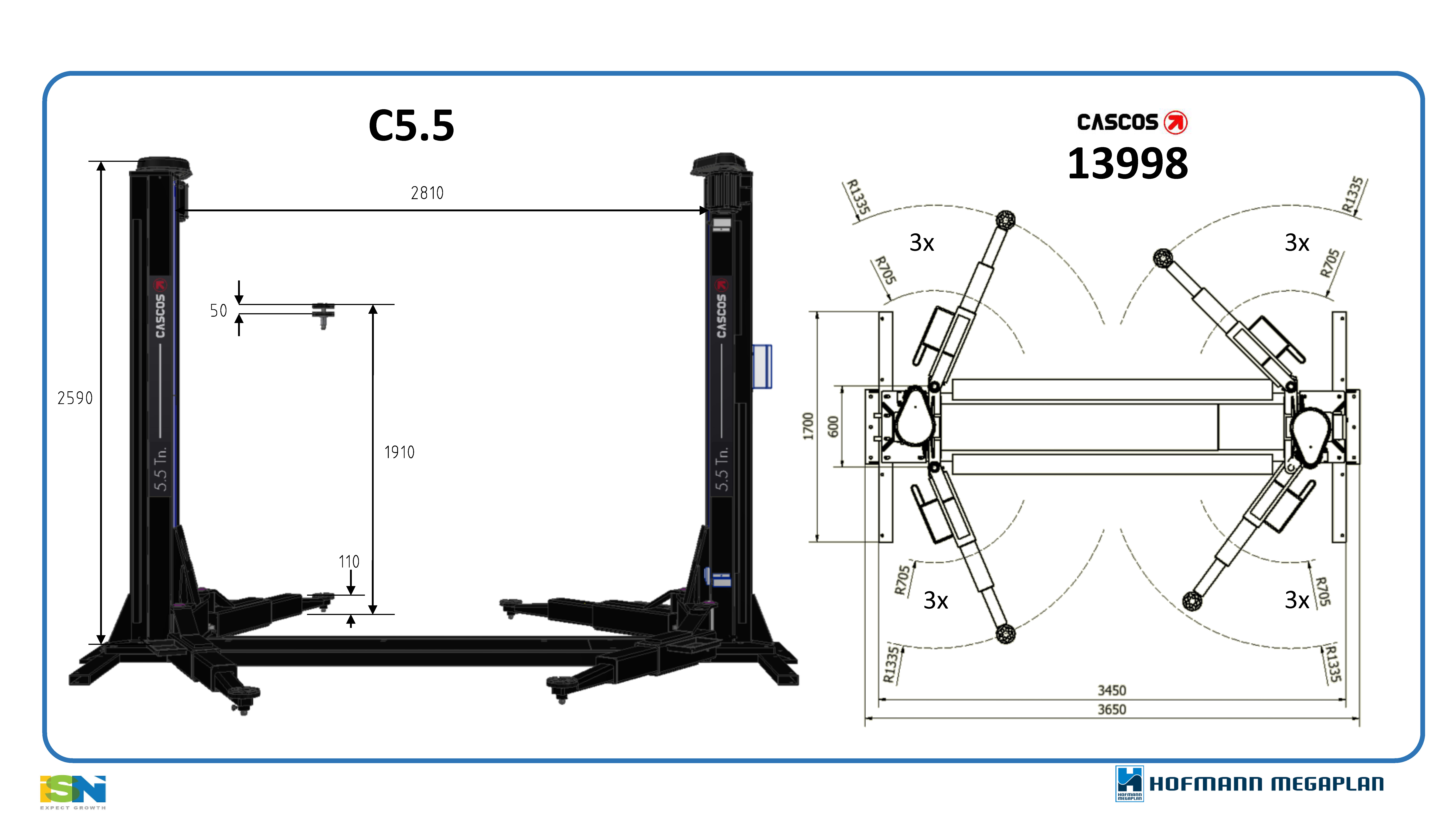 c5_5dims 2 Post Lifts with Base: Cascos C5.5 'Super Duty' Two Post Lift