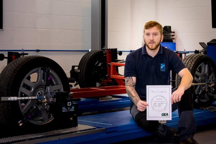 Luke Rivett of Hofmann Megaplan with his GEA accreditation in the discipline of Vehicle lifts